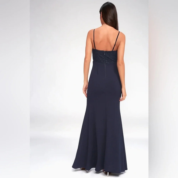 Lulus Navy Blue Crochet Lace Side Slit Leandra Maxi Dress Gown Size XS - Picture 9 of 12